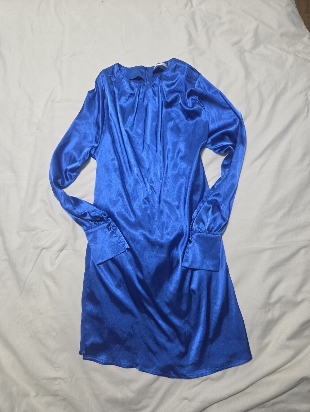 Blue Satin Long-Sleeve Shift Dress